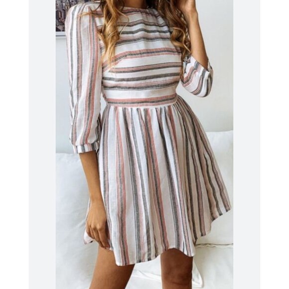 Ecowish Babydoll Pleated Dress Sz L Stripe Lightweight Linen Blend Short Length - Picture 14 of 16